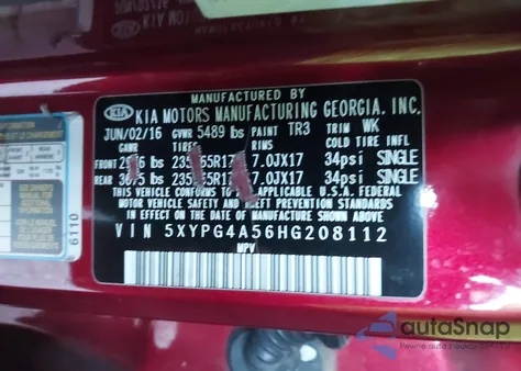 2017 Kia Sorento 3.3L Lx z USA, uszkodzony, nr VIN 5XYPG4A56HG208112